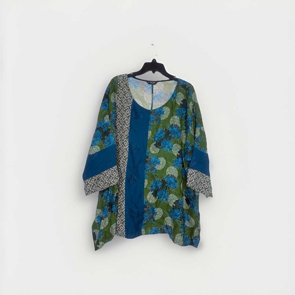 Citron Santa Monica Silk Floral Blouse XL Blue Green Jacquard Asian Art Sty